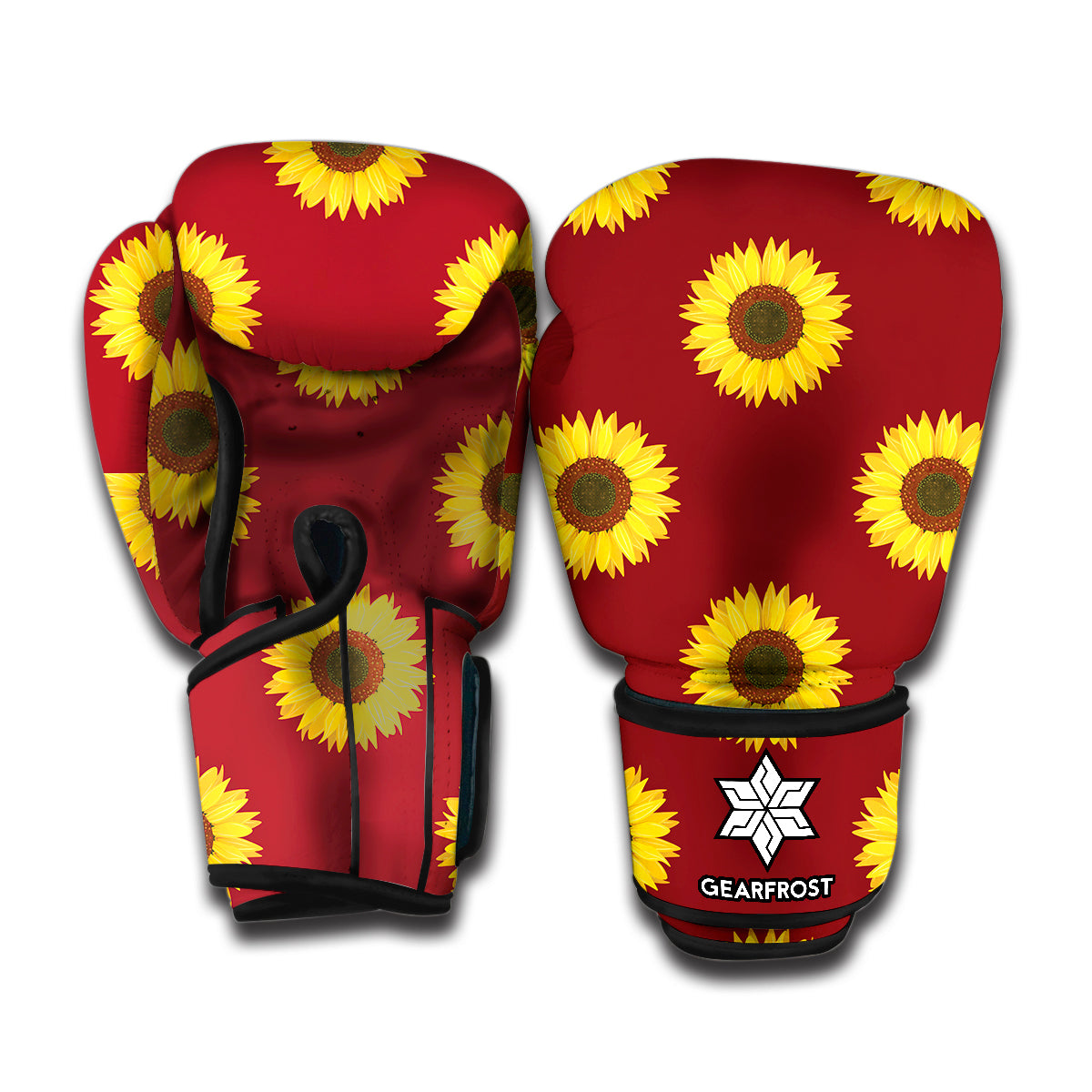 Burgundy Sunflower Pattern Print Boxing Gloves