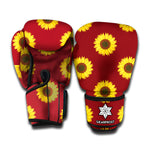 Burgundy Sunflower Pattern Print Boxing Gloves