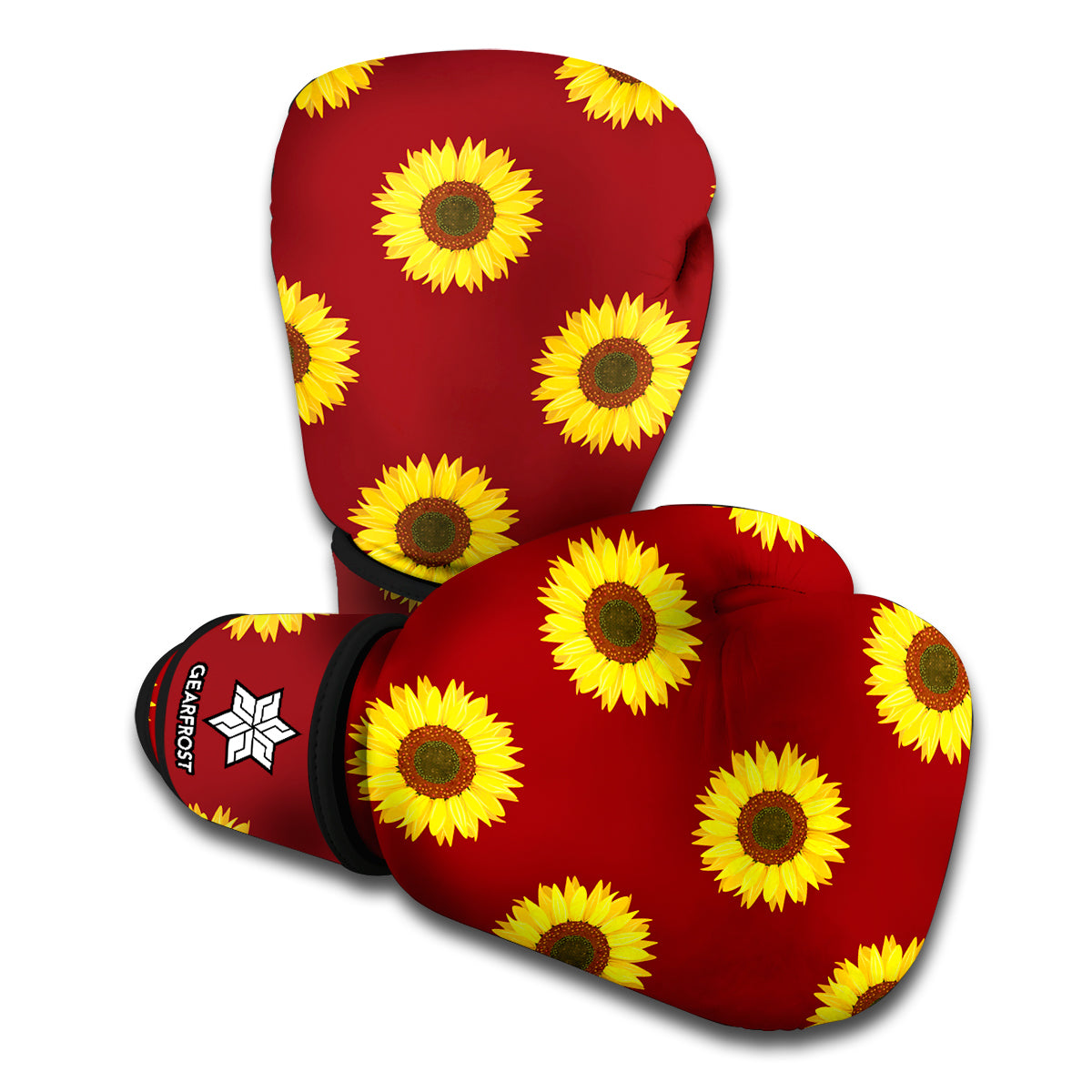 Burgundy Sunflower Pattern Print Boxing Gloves