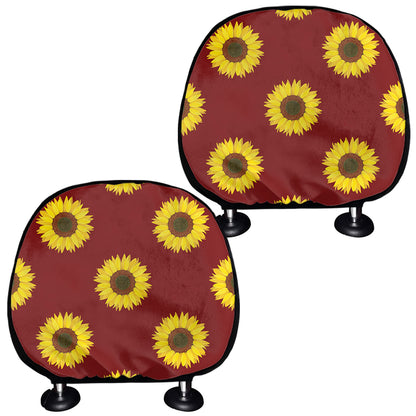 Burgundy Sunflower Pattern Print Car Headrest Covers