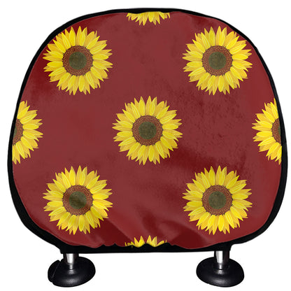 Burgundy Sunflower Pattern Print Car Headrest Covers