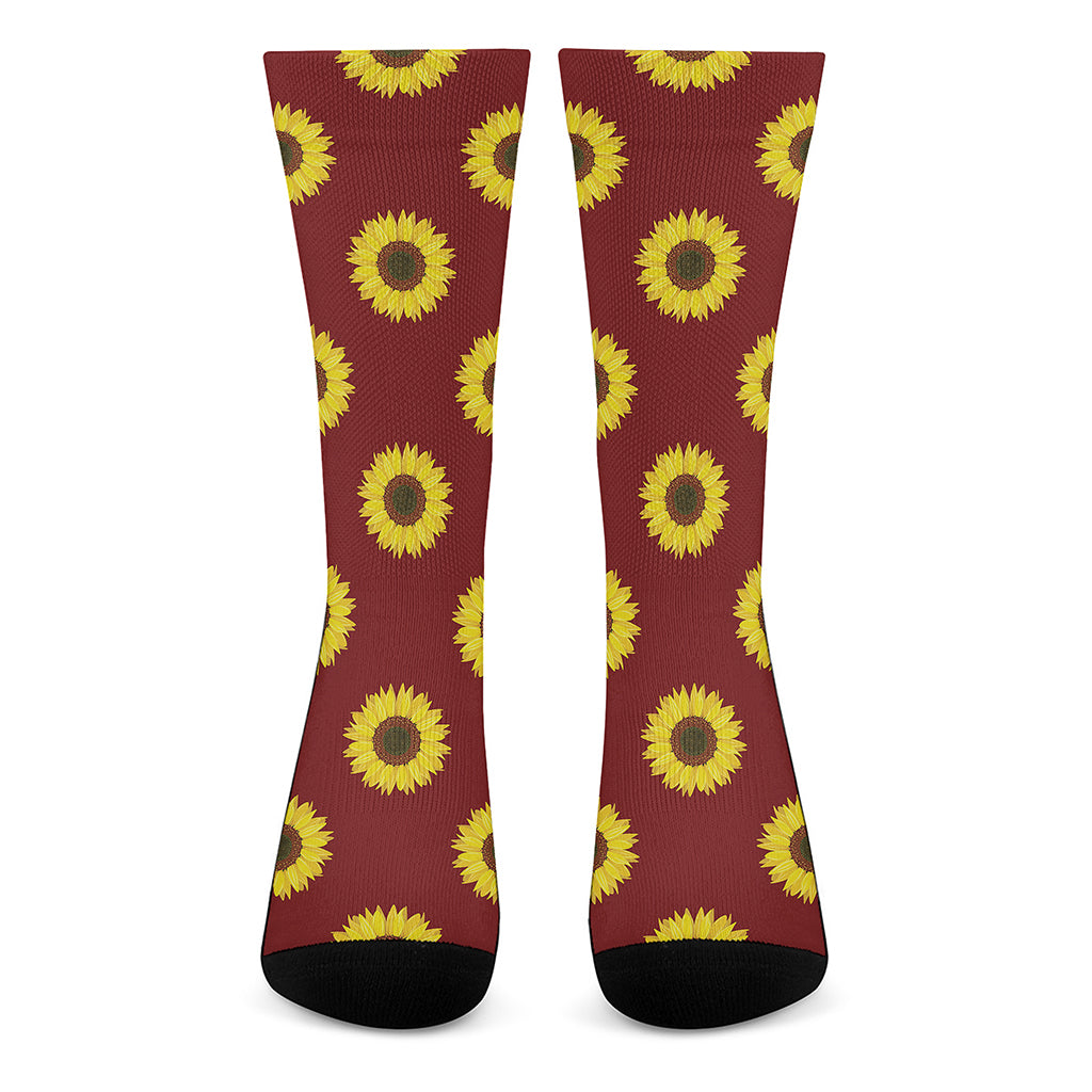 Burgundy Sunflower Pattern Print Crew Socks