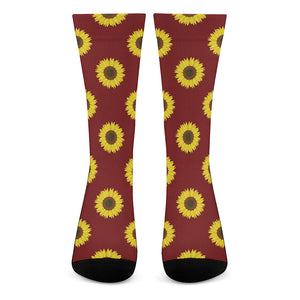 Burgundy Sunflower Pattern Print Crew Socks