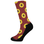 Burgundy Sunflower Pattern Print Crew Socks