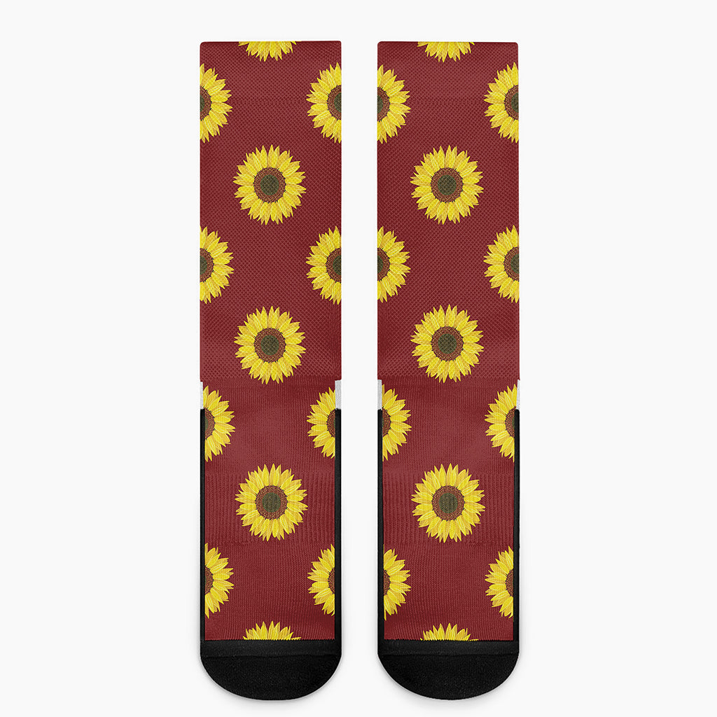 Burgundy Sunflower Pattern Print Crew Socks