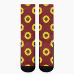 Burgundy Sunflower Pattern Print Crew Socks