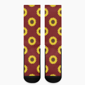 Burgundy Sunflower Pattern Print Crew Socks