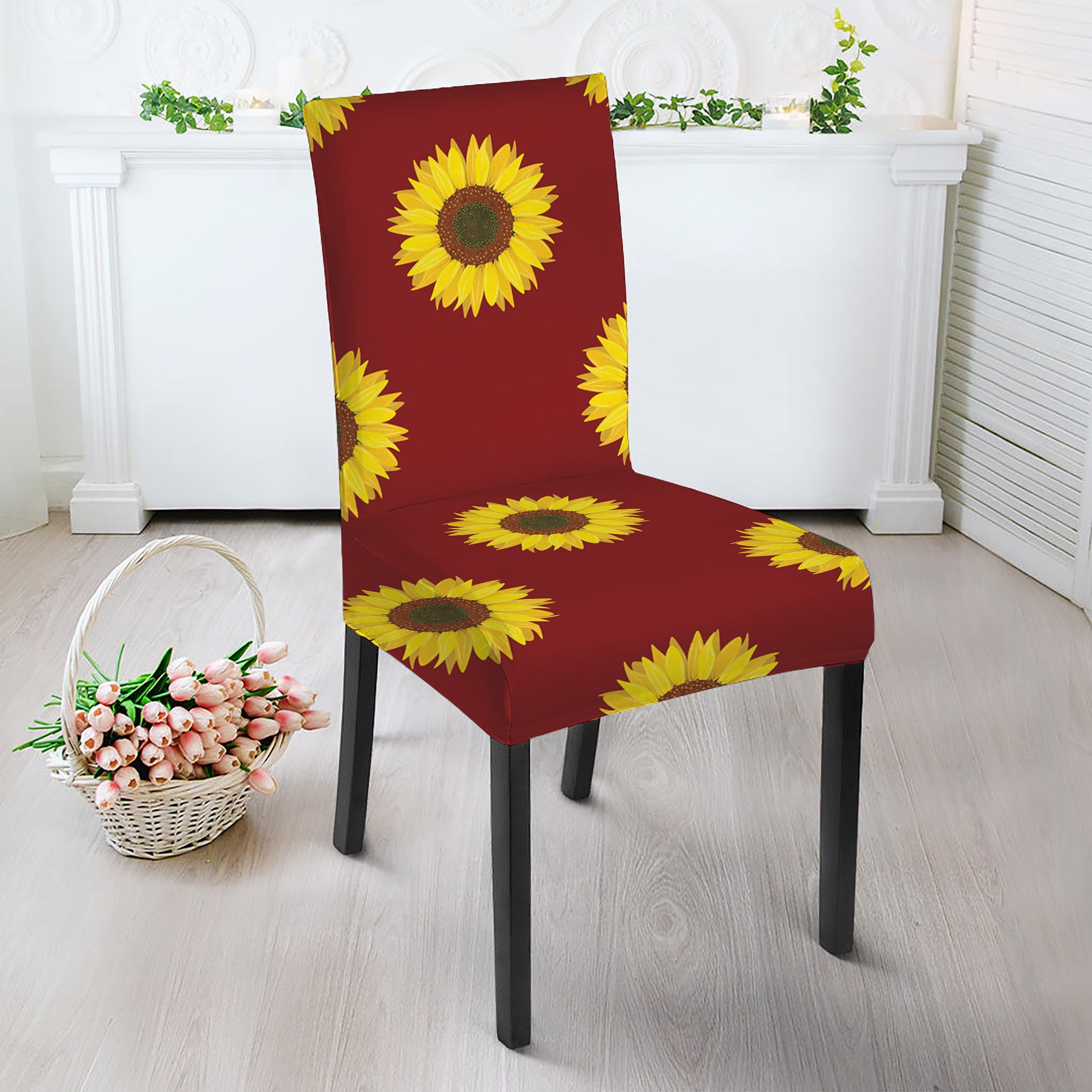 Burgundy Sunflower Pattern Print Dining Chair Slipcover