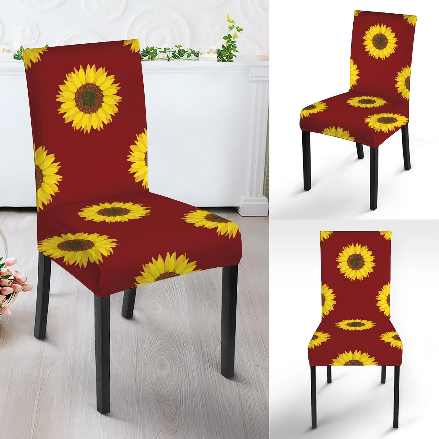 Burgundy Sunflower Pattern Print Dining Chair Slipcover