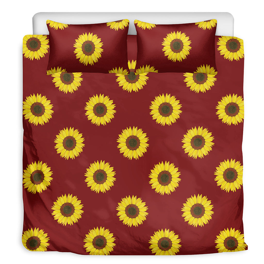 Burgundy Sunflower Pattern Print Duvet Cover Bedding Set