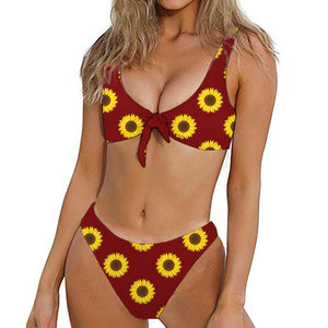 Burgundy Sunflower Pattern Print Front Bow Tie Bikini