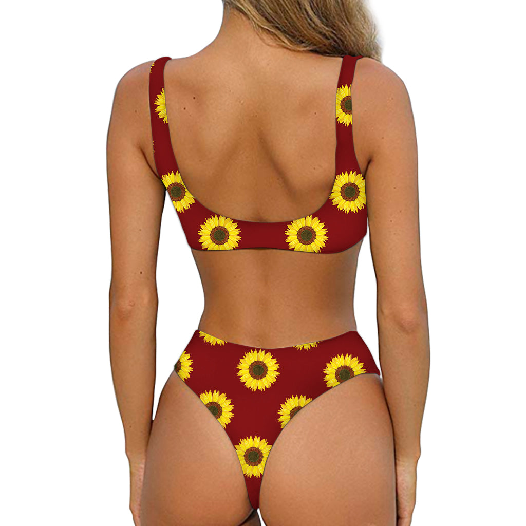 Burgundy Sunflower Pattern Print Front Bow Tie Bikini