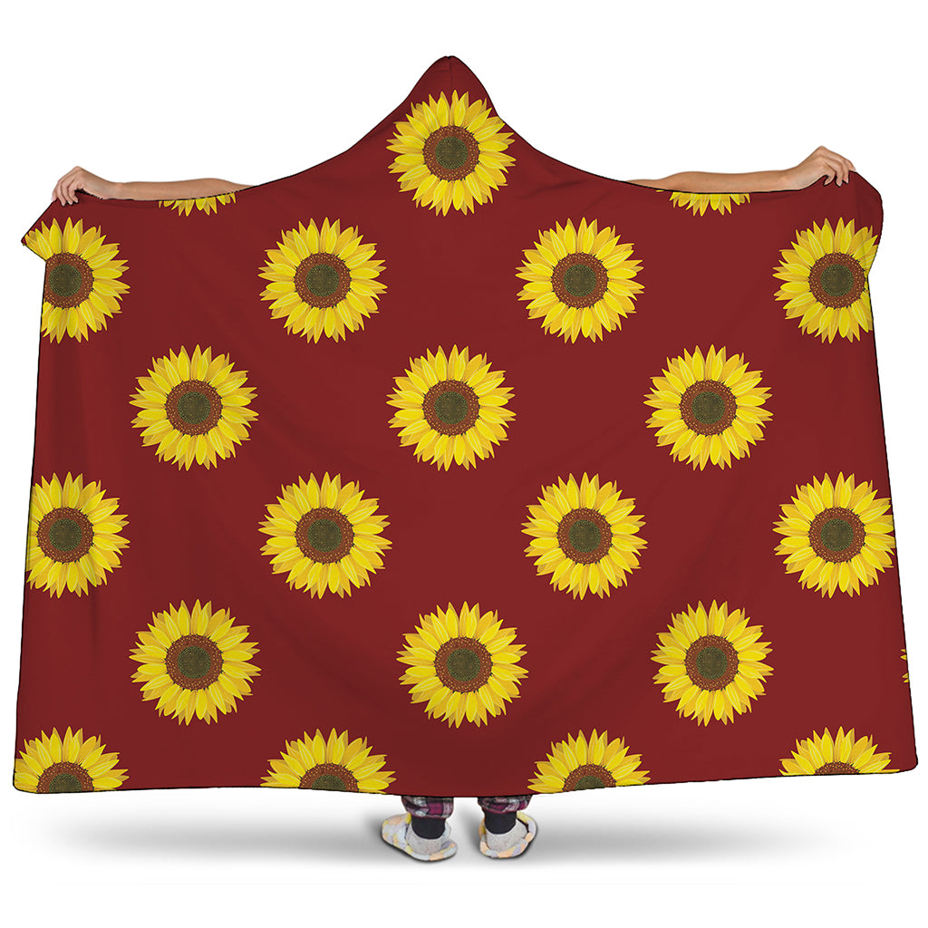 Burgundy Sunflower Pattern Print Hooded Blanket