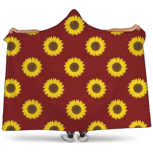 Burgundy Sunflower Pattern Print Hooded Blanket
