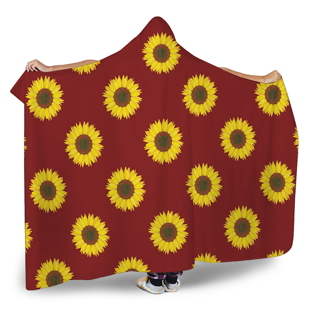 Burgundy Sunflower Pattern Print Hooded Blanket