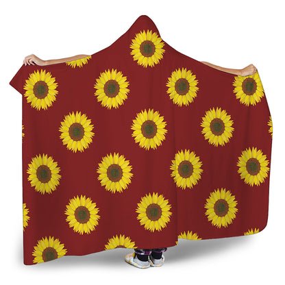 Burgundy Sunflower Pattern Print Hooded Blanket