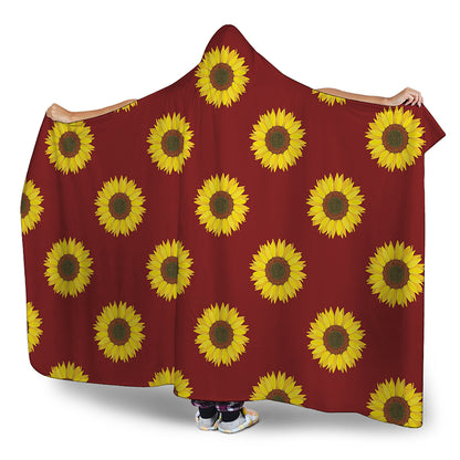 Burgundy Sunflower Pattern Print Hooded Blanket
