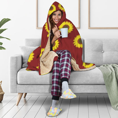 Burgundy Sunflower Pattern Print Hooded Blanket
