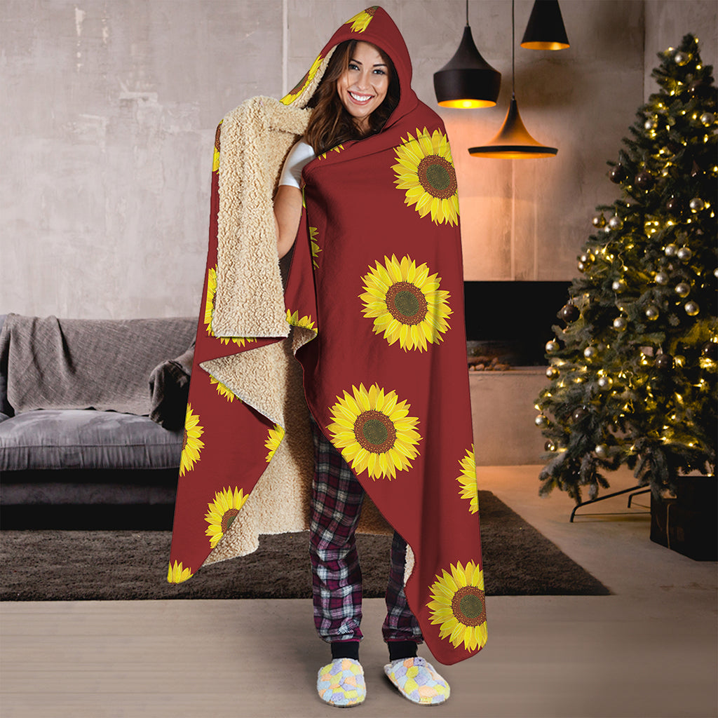 Burgundy Sunflower Pattern Print Hooded Blanket