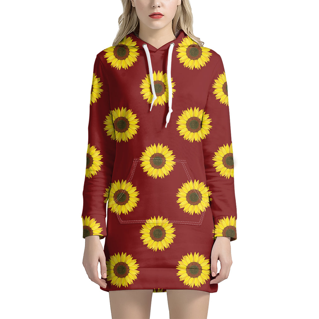 Burgundy Sunflower Pattern Print Hoodie Dress