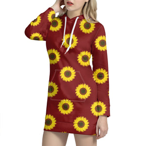 Burgundy Sunflower Pattern Print Hoodie Dress