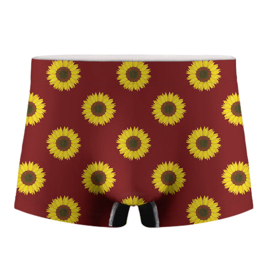 Burgundy Sunflower Pattern Print Men's Boxer Briefs