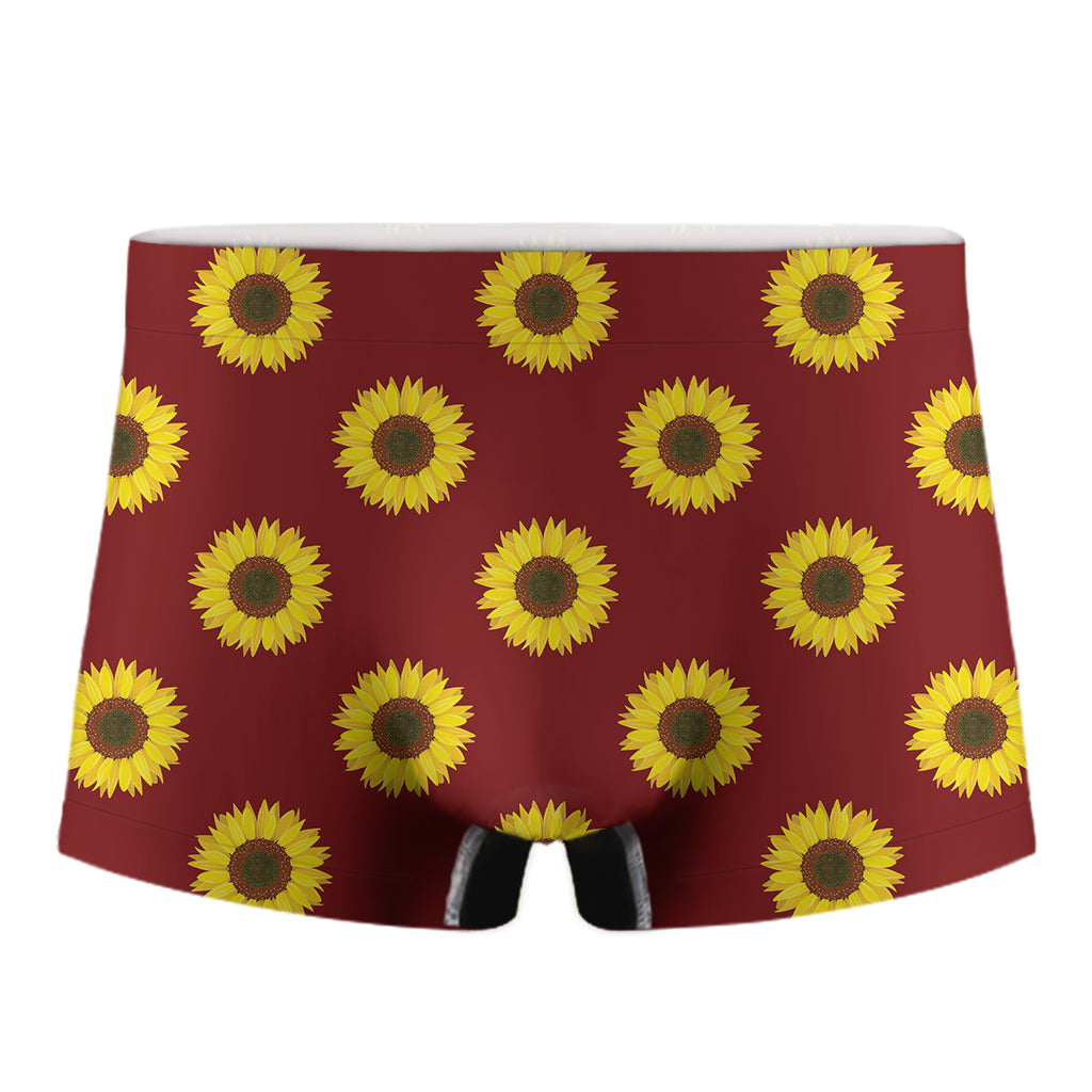 Burgundy Sunflower Pattern Print Men's Boxer Briefs