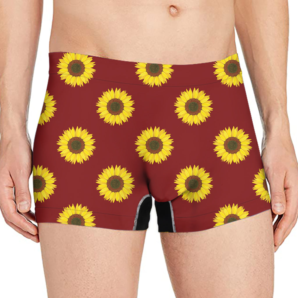 Burgundy Sunflower Pattern Print Men's Boxer Briefs