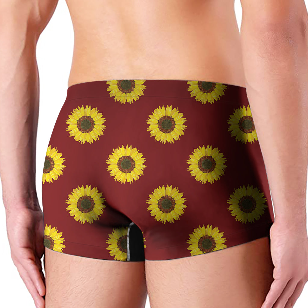 Burgundy Sunflower Pattern Print Men's Boxer Briefs