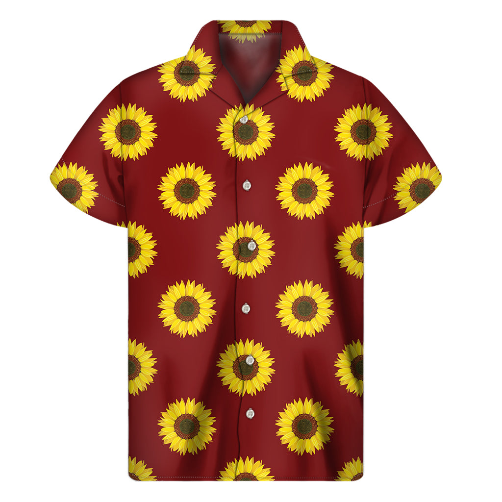 Burgundy Sunflower Pattern Print Men's Short Sleeve Shirt