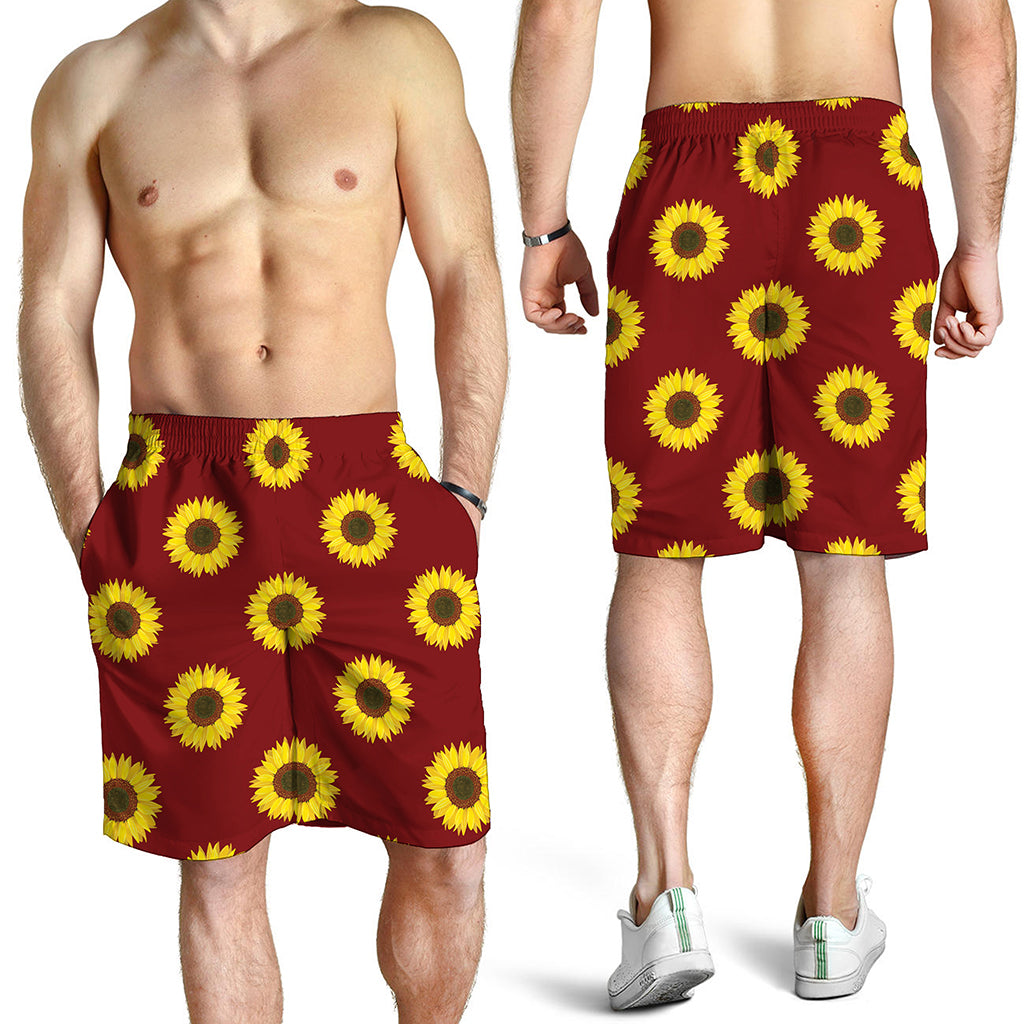 Burgundy Sunflower Pattern Print Men's Shorts