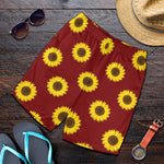 Burgundy Sunflower Pattern Print Men's Shorts