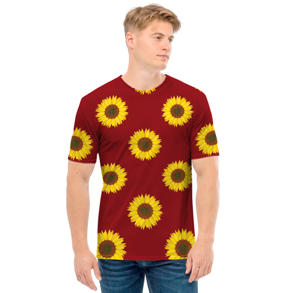 Burgundy Sunflower Pattern Print Men's T-Shirt