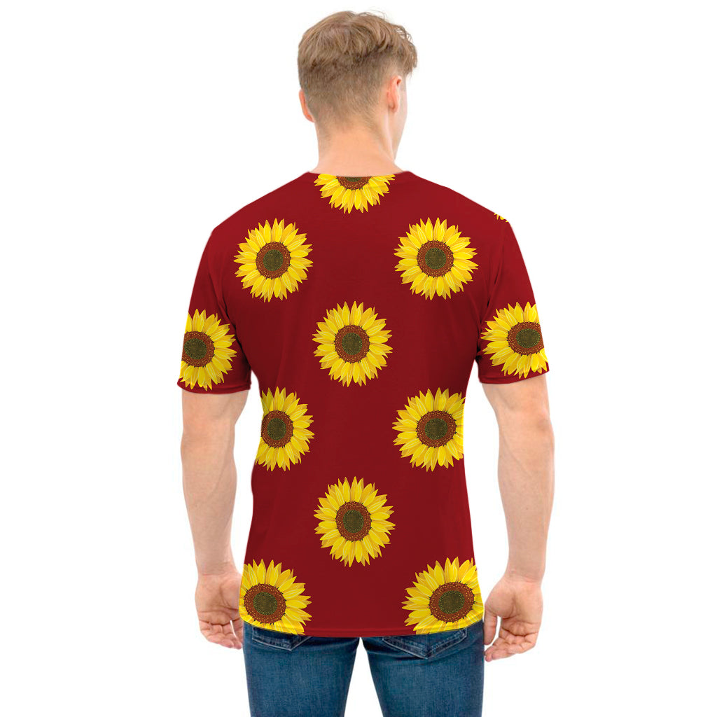 Burgundy Sunflower Pattern Print Men's T-Shirt