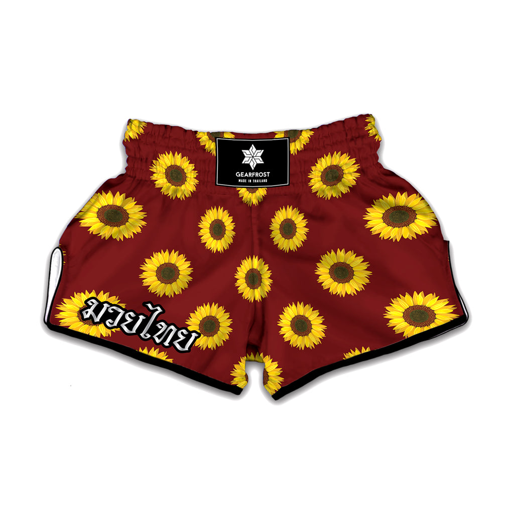 Burgundy Sunflower Pattern Print Muay Thai Boxing Shorts