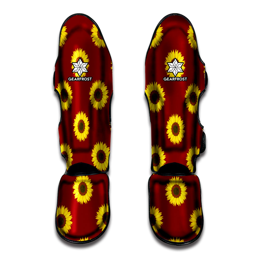 Burgundy Sunflower Pattern Print Muay Thai Shin Guard