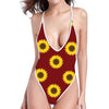 Burgundy Sunflower Pattern Print One Piece High Cut Swimsuit