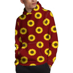 Burgundy Sunflower Pattern Print Pullover Hoodie