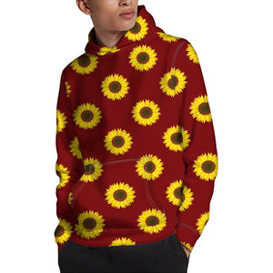 Burgundy Sunflower Pattern Print Pullover Hoodie