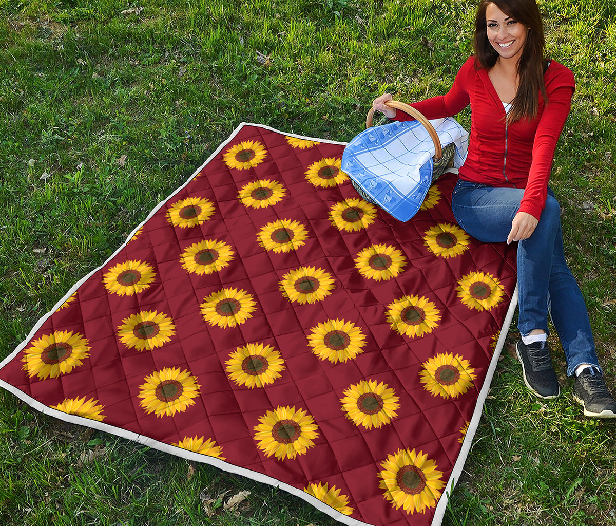Burgundy Sunflower Pattern Print Quilt