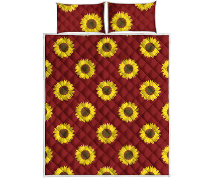 Burgundy Sunflower Pattern Print Quilt Bed Set