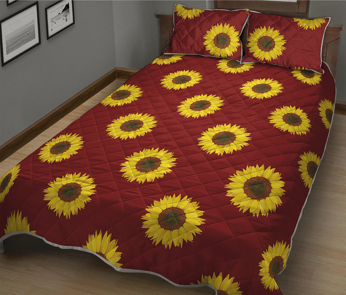 Burgundy Sunflower Pattern Print Quilt Bed Set