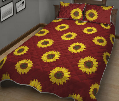 Burgundy Sunflower Pattern Print Quilt Bed Set