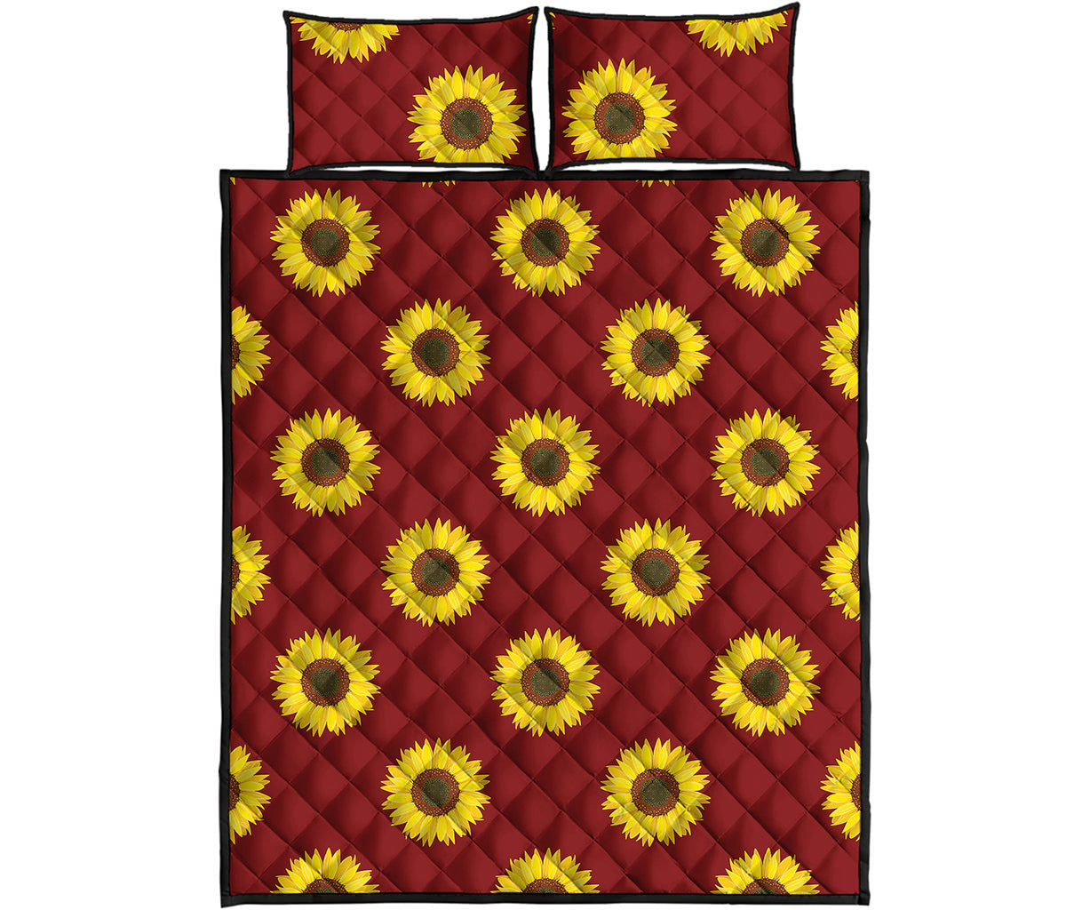 Burgundy Sunflower Pattern Print Quilt Bed Set