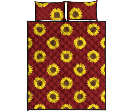 Burgundy Sunflower Pattern Print Quilt Bed Set