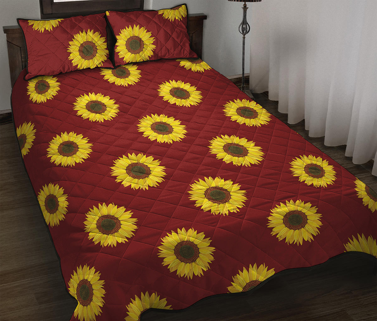 Burgundy Sunflower Pattern Print Quilt Bed Set