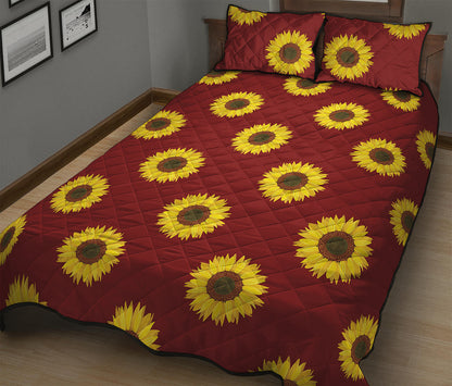 Burgundy Sunflower Pattern Print Quilt Bed Set