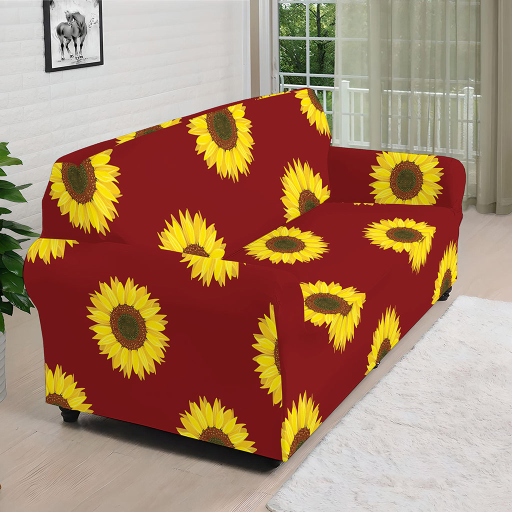Burgundy Sunflower Pattern Print Sofa Cover