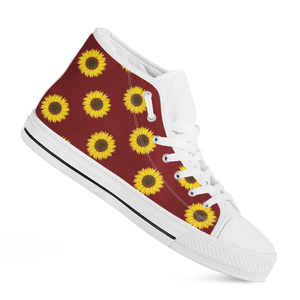 Burgundy Sunflower Pattern Print White High Top Shoes