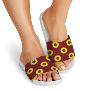 Burgundy Sunflower Pattern Print White Slide Sandals